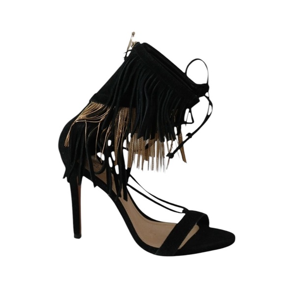NEW Schutz Fringe Suede Stiletto Sandal Metal and Suede Fringe Black Size 9.5 - Picture 2 of 15